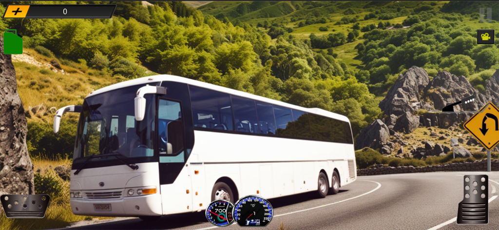 White tourist bus driving on a winding mountain road with simulation game controls