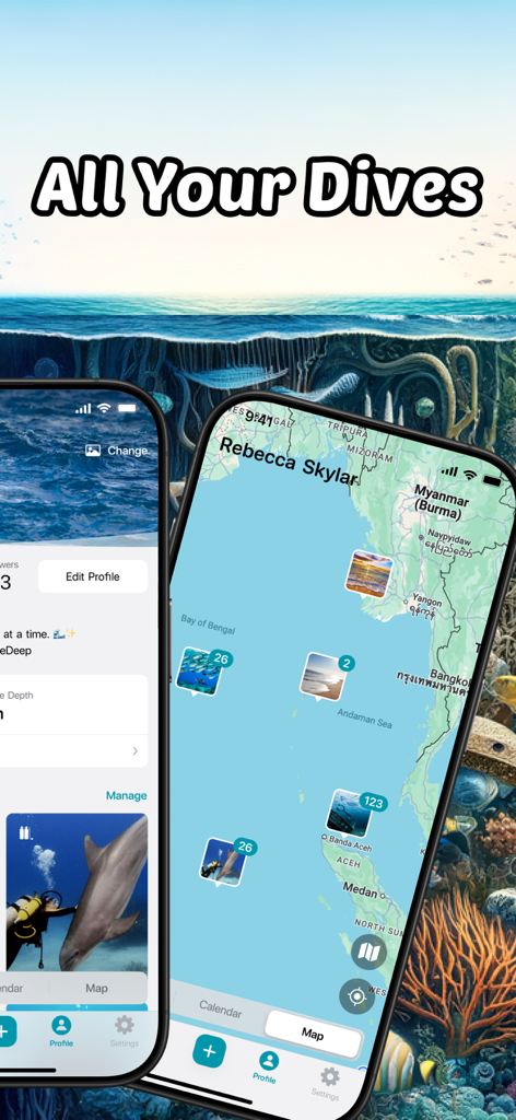 DIVEROUT-App-Oberfläche, die eine Karte von Tauchplätzen und ein Benutzerprofil mit Unterwasserfotos anzeigt.