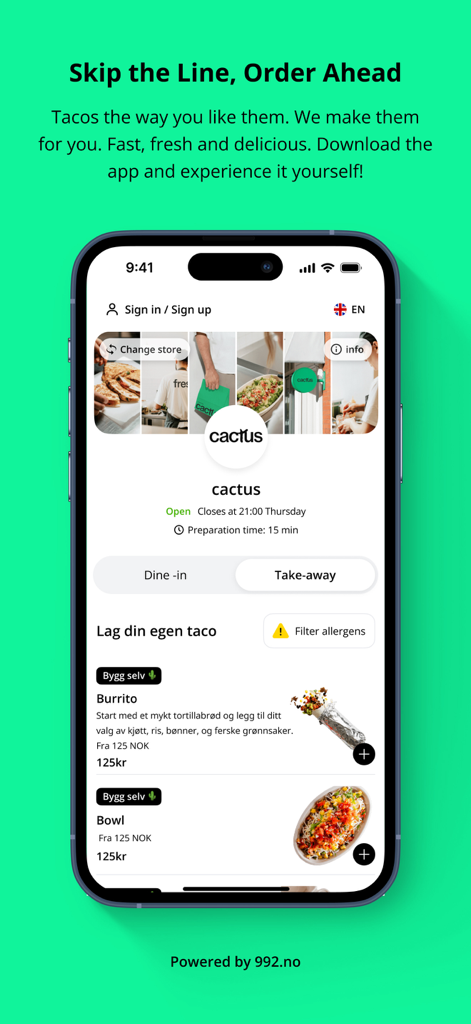 Cactus Taco - Cactus Tacoモバイルアプリのインターフェイスには、テイクアウトと店内飲食のオプションがあるブリトーとボウルのメニューが表示されています。