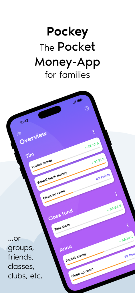 Pockey app interface showing account balances for pocket money and chore reward points for children