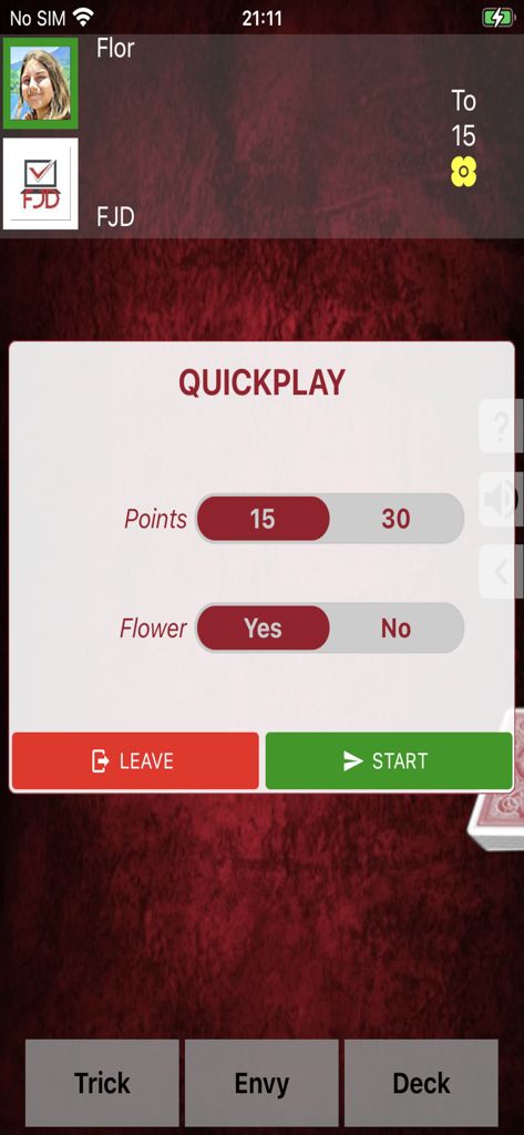 Truco FJD - Menu de configurações de quickplay do Truco FJD com opções de pontos e flores