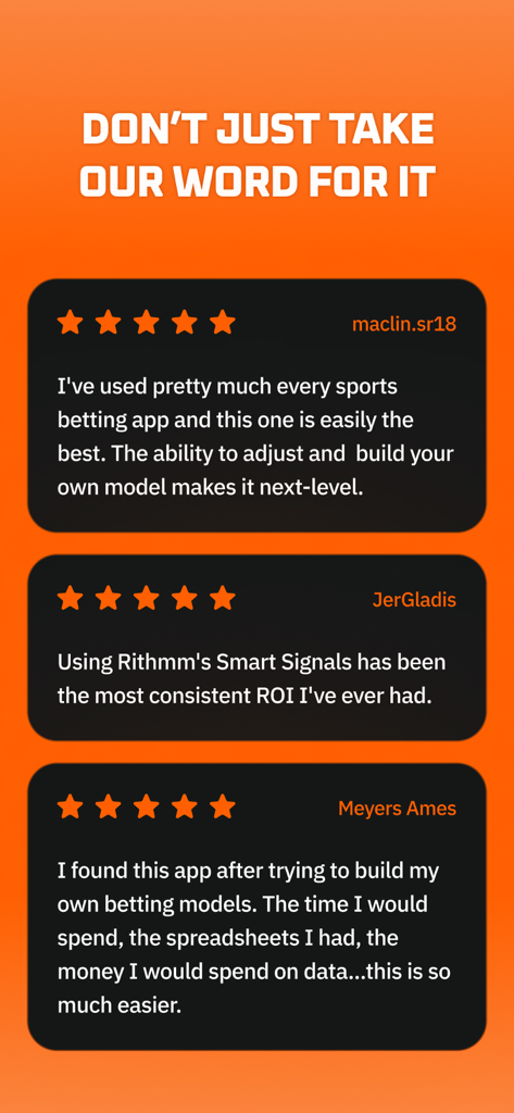 Una colección de reseñas de usuarios de cinco estrellas y testimonios para la aplicación de apuestas deportivas con IA Rithmm, destacando el ROI y los modelos personalizados.