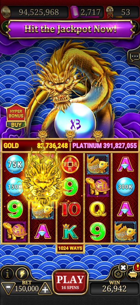 Wynn Slots - Las Vegas Casino - Wynn Slots game screen featuring a golden dragon themed slot machine.