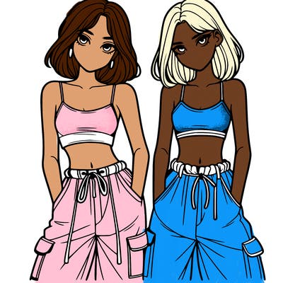 two girls with crop top with baggy pants