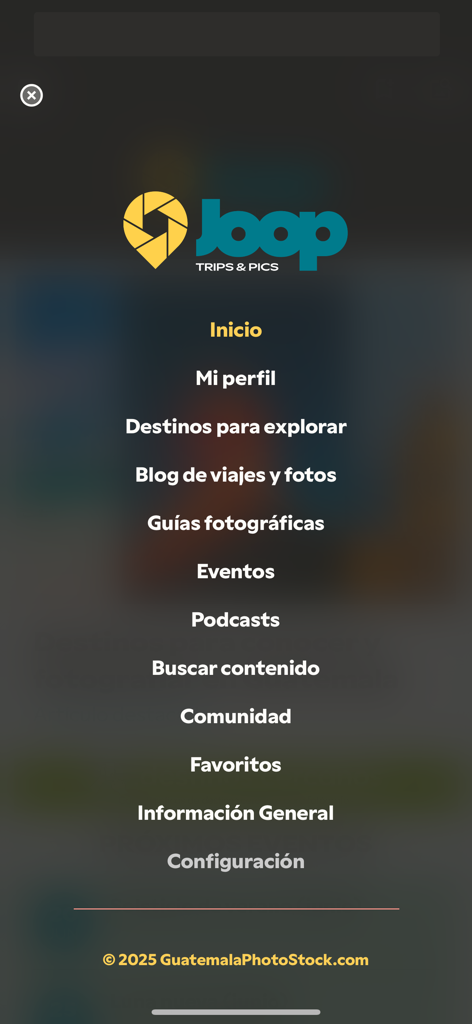 Joop - Main navigation menu of the Joop app listing categories like travel blog photography guides and podcasts