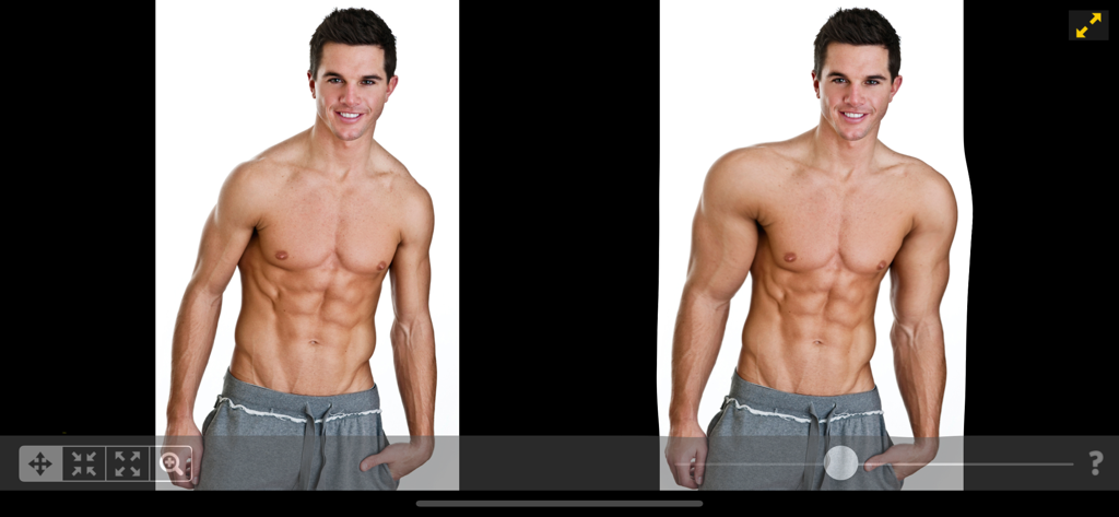 Modalità a doppio schermo che mostra prima e dopo l'aumento muscolare su un corpo maschile nell'editor di foto.
