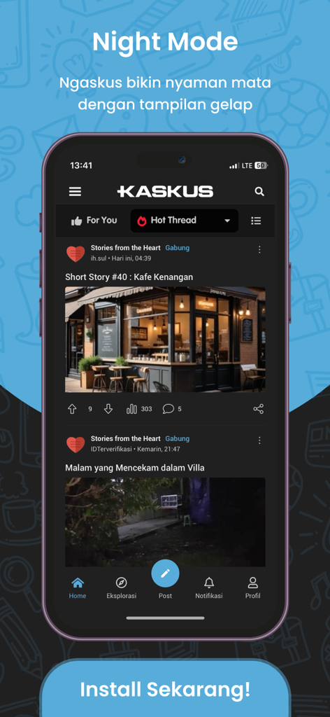 KASKUS Forum: Hobi & Komunitas - KASKUS Forum mobile app interface displaying night mode for eye comfort