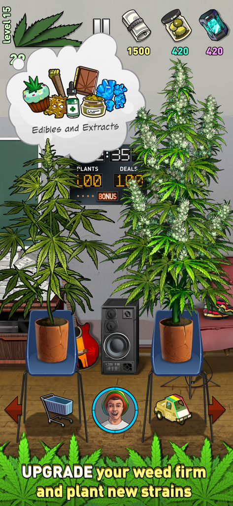Weed Firm 2: Back To College - Gameplay screen of Weed Firm 2 showing cannabis plants and a menu for edibles and extracts.