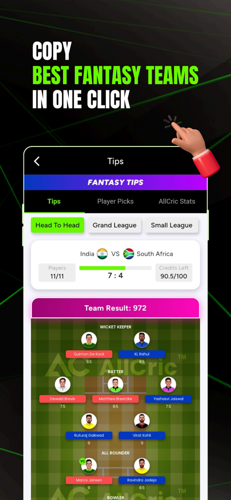 AllCric – Cricket Score App - AllCric app interface showing a suggested fantasy cricket team lineup and tips for an India versus South Africa match