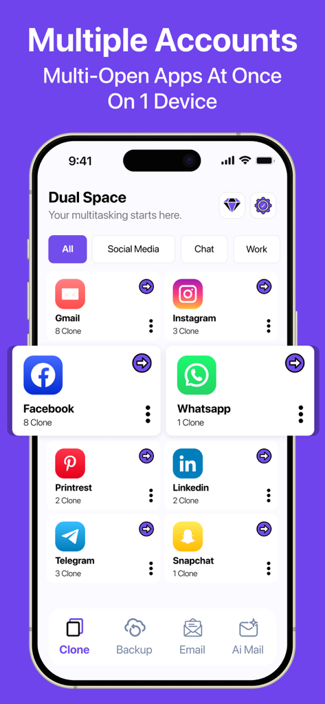 Dual Space - Multi Accounts - Interfaz de la aplicación Dual Space que muestra cuentas de redes sociales y mensajería clonadas en un iPhone.