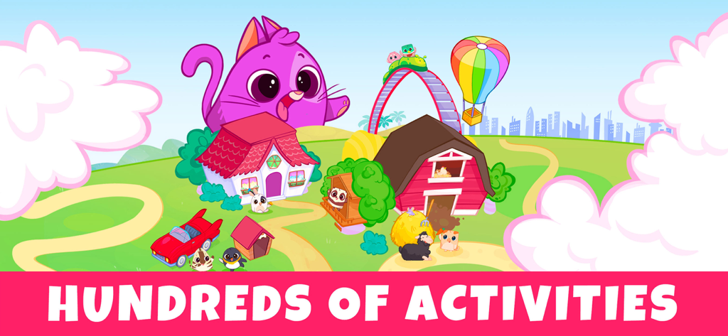 Bibi World: Games for Kids 3-6 - Paisaje de dibujos animados coloridos de Bibi World que muestra varias áreas de juego y personajes con el texto Cientos de Actividades.