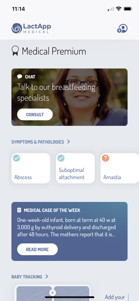 LactApp Medical interface for healthcare professionals featuring symptoms list and medical case of the week