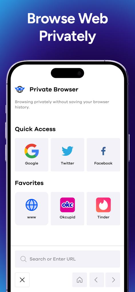 Un smartphone affichant la fonction de navigateur privé de l'application LockID avec un accès rapide à Google, Twitter, Facebook, Okcupid et Tinder.