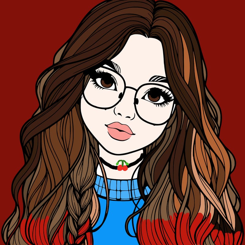 girl with long hair and freckles and glasses realistic