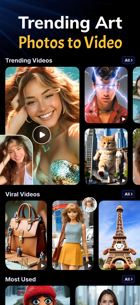 AI Video Creator - MagicVid.AI - The MagicVid.AI app interface showcasing trending and viral AI-generated video styles like artistic portraits and surreal animations.