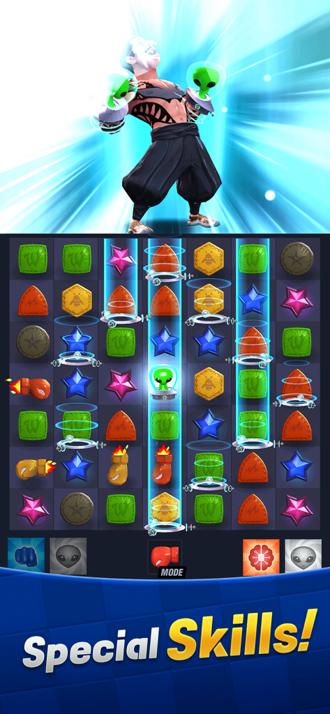 Screenshot di gioco di Boxing Star PvP Match 3 con un pugile che attiva abilità speciali su un colorato tabellone match 3.