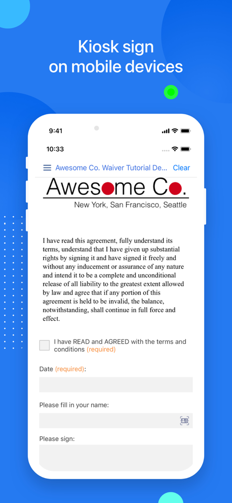 WaiverForever - Online Waiver - Mobile app interface showing a digital liability waiver form with fields for name, date, and signature in kiosk mode.
