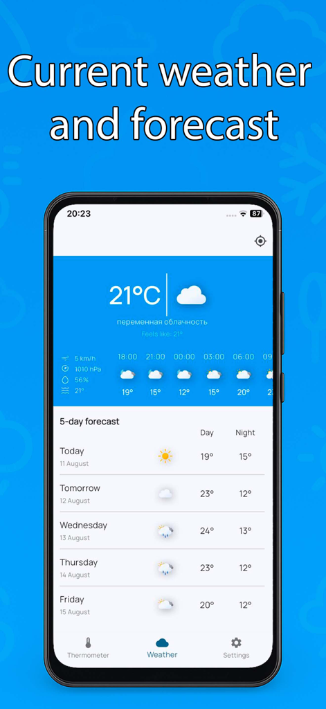 Smartphone screen displaying current weather conditions and a five day forecast in the Indoor Thermometer app
