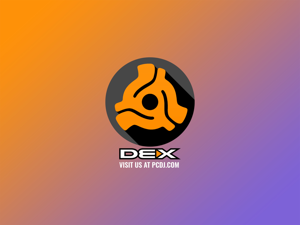 DJ DEX app logo featuring a stylized 45 RPM record adapter icon on a purple and orange gradient background