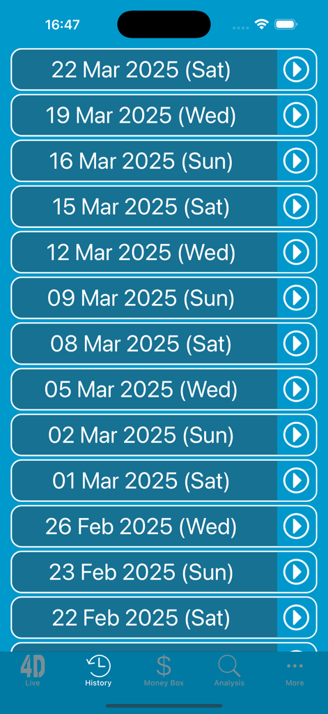 SG Live 4D - Pantalla de historial de lotería de Singapur 4D que muestra una lista de fechas y resultados de sorteos pasados