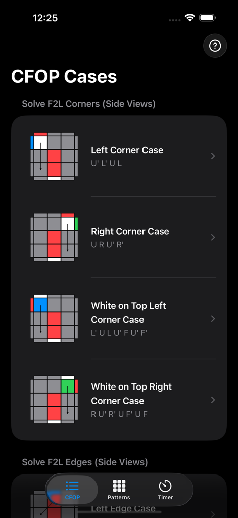 CFOP Learning app screen showing a list of F2L corner cases with cube diagrams and move algorithms.
