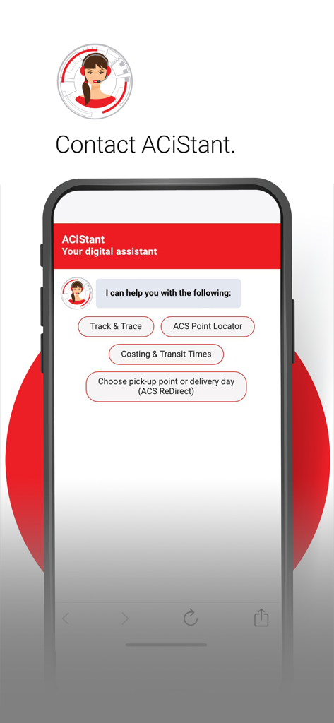 Screenshot der Benutzeroberfläche des digitalen Assistenten ACiStant in der ACS Mobile App mit Hilfeoptionen wie Sendungsverfolgung und Standortsuche.