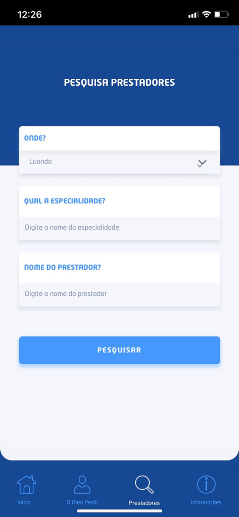 Ensa Saúde - Interface de busca de prestadores de serviços médicos do aplicativo Ensa Saude com campos de busca por localização e especialidade