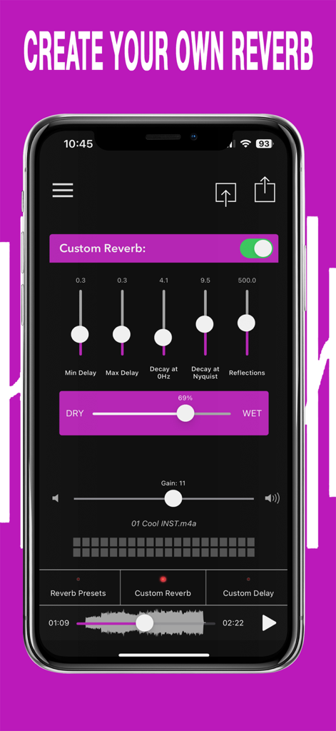 Smartphone interface of AudioVerb app showing sliders for custom reverb and delay settings