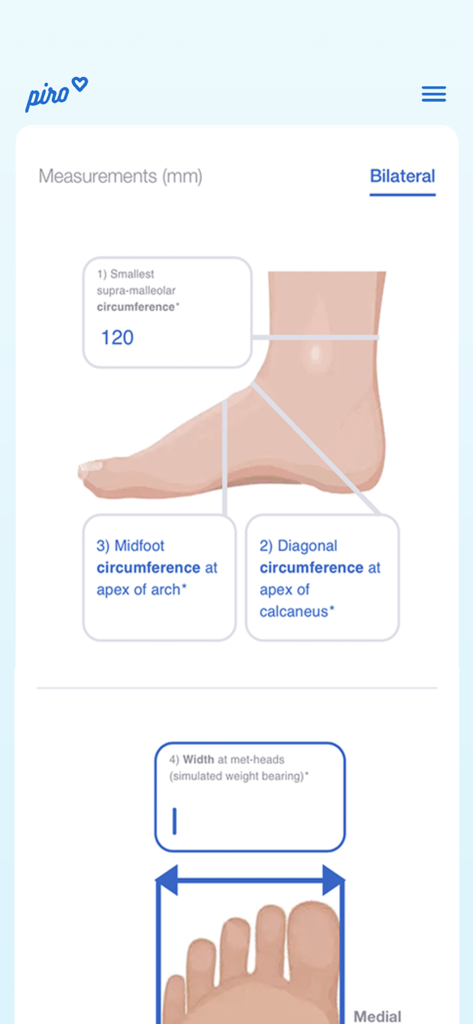 Digital measurement screen for custom ankle foot orthotics in the Piro AFO app.