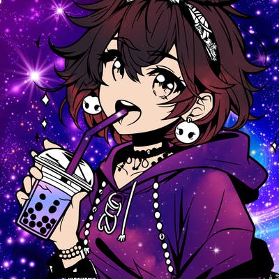 hot baddie anime girl drinking boba and biting the straw