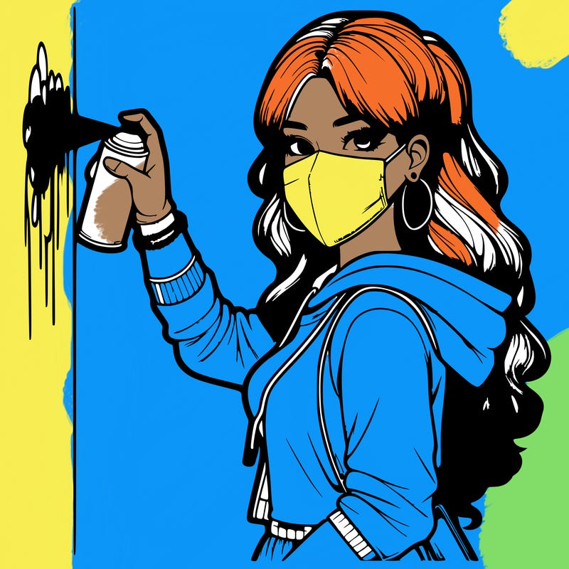 realistic girl with mask spray painting a wall