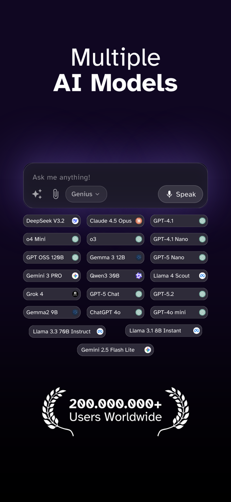DeepAI: AI Chat, Image & Video - Interface of the DeepAI app showing a wide selection of available AI models such as GPT-4 Claude 4.5 and Llama 4 for chat and productivity.
