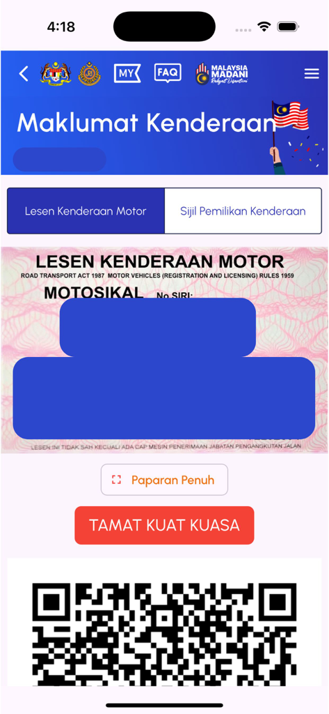 A digital motorcycle vehicle license display within the MyJPJ app showing vehicle information and a QR code.