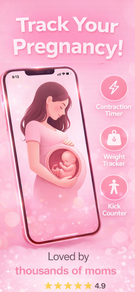 Baby Kick Counter - Tracker - Baby Kick Counter app screen showing pregnancy tracking features including contraction timer weight tracker and kick counter