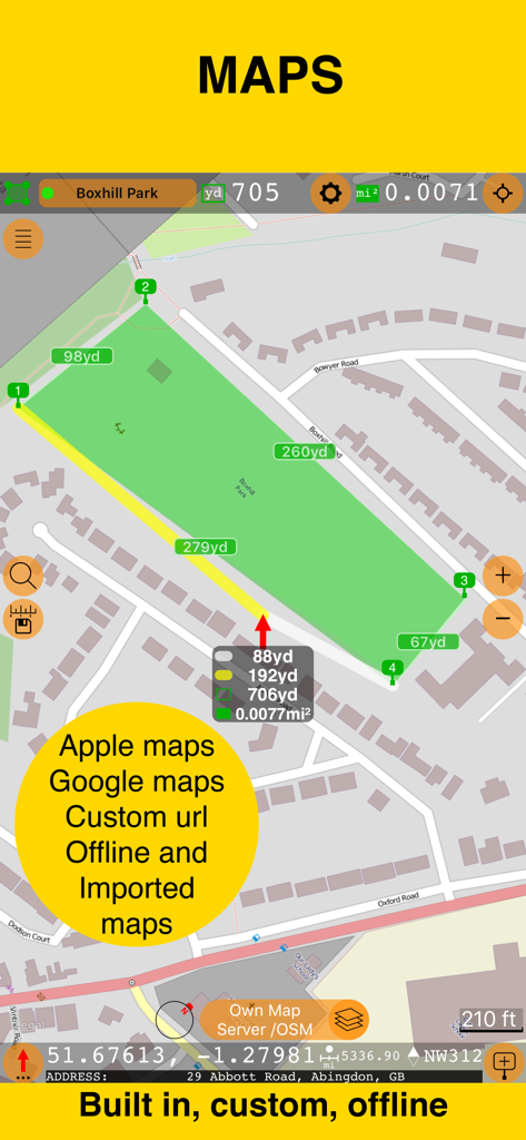Interface of Planimeter 55 showing area measurement on a map with text highlighting Apple, Google, and offline map support.