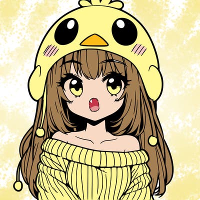 anime girl with chick shaped hat with sweater with bare shoulders with bangs covering them one eye with low tail