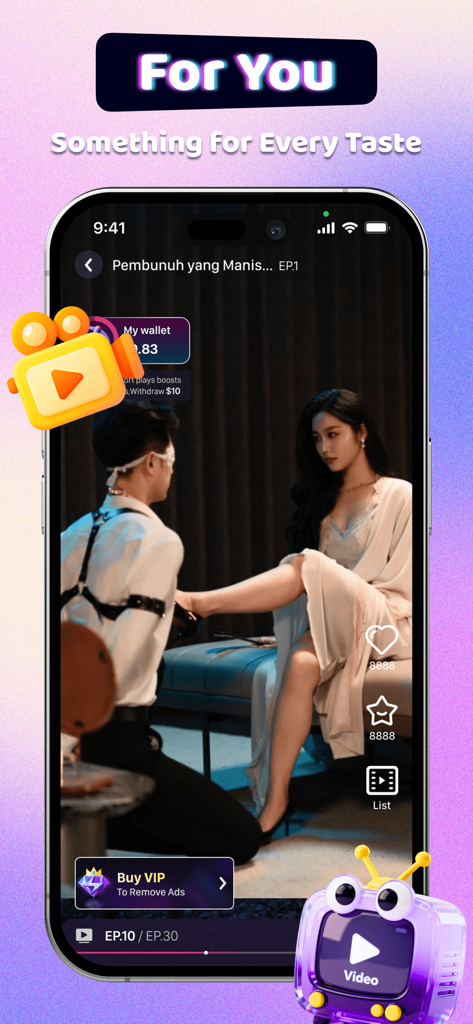 BonusTV - BonusTV app on an iPhone showing a romantic short drama scene with the headline For You.