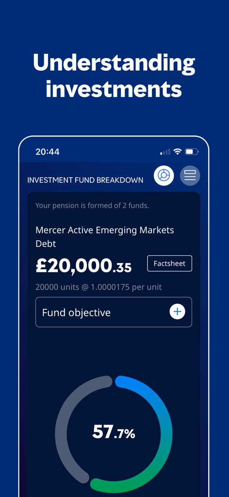 Mercer Money app screen showing a detailed investment fund breakdown including pension balance and percentage chart