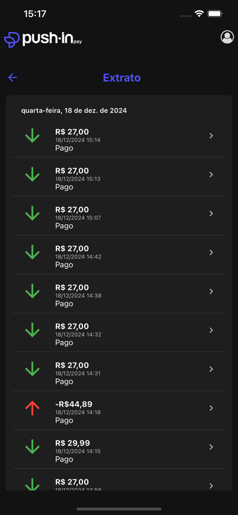 PushinPay - PushinPay mobile app screen displaying a list of recent incoming and outgoing financial transactions in a statement view