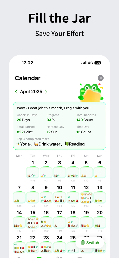 FrogCount - Habit Tracker - Monthly calendar view of the FrogCount app showing habit completion statistics and daily progress icons
