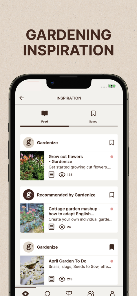 GARDENIZE Plant Care Gardening - Gardenize app inspiration feed featuring gardening articles and tips on an iPhone.