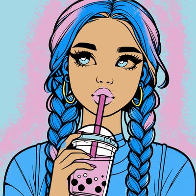 realistic girl with braided hair drinking boba