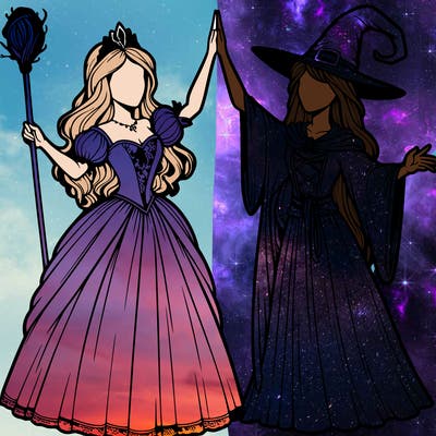 detailed realistic split of a princess and a witch