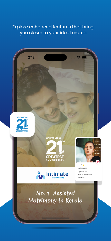 IntimateMatrimony - IntimateMatrimony app interface for Kerala matrimonial services featuring a professional profile and celebrating its 21st anniversary