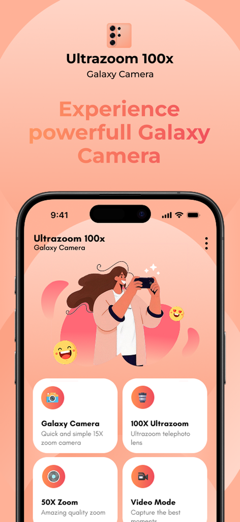 Ultra Zoom 100x Galaxy Camera - Pantalla principal de la aplicación Ultrazoom 100x Galaxy Camera que muestra varios modos de zoom y video en un iPhone