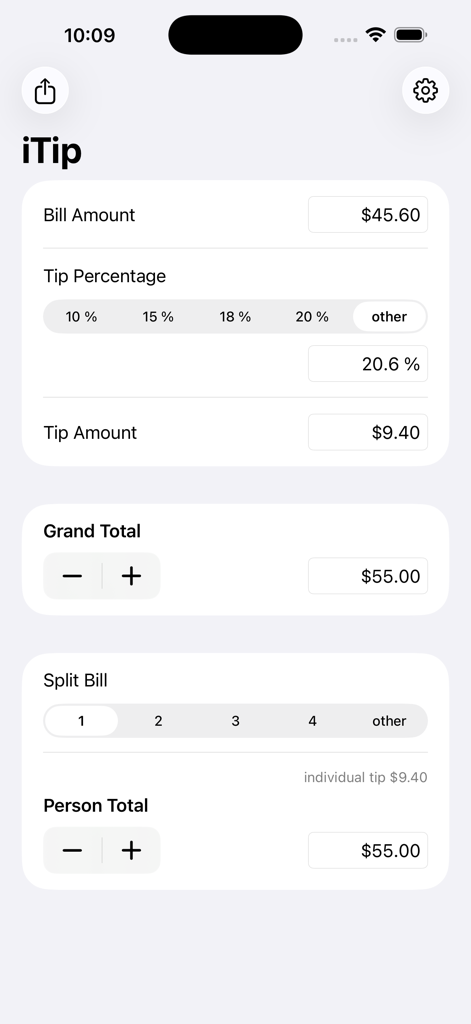 iTip Calc by PalaSoftware - iTip Calcのインターフェース。請求額、チップ率、割り勘オプションが表示されています。