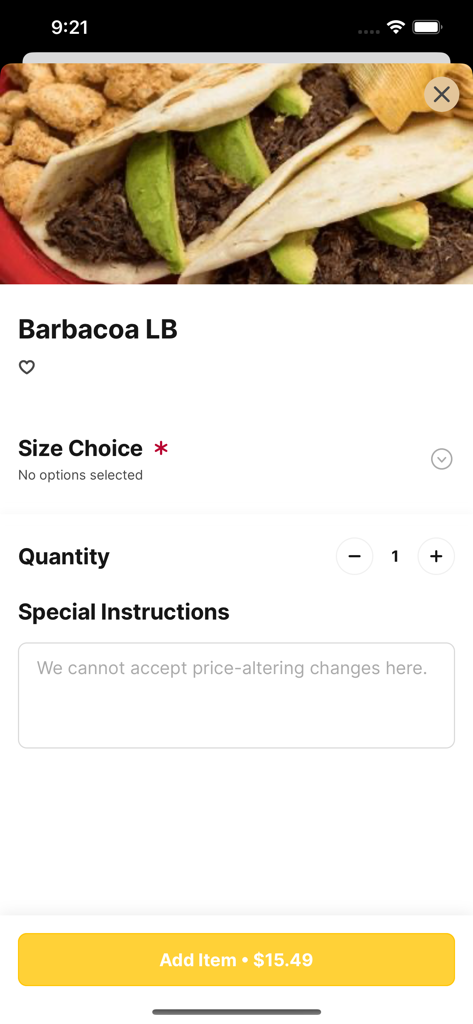 Rios Barbacoa Helotes TX - Página do produto do aplicativo móvel Rios Barbacoa para pedir barbacoa por quilo com opções de personalização