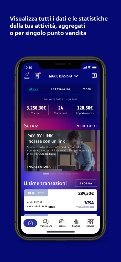 Dashboard dell'app Nexi Business che mostra le statistiche delle transazioni del commerciante e le funzionalità di gestione dei pagamenti