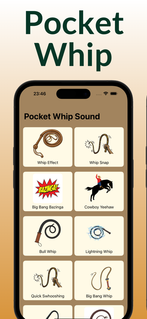 Pocket Whip app screen showing different whip and pop culture sound effects