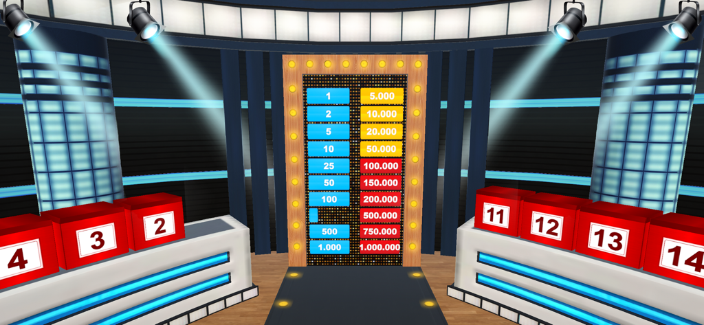 TV game show studio with numbered red cases and a prize amount board